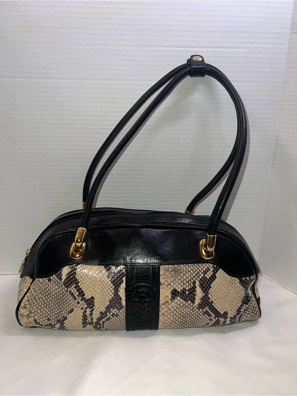 Marino Orlandi Black and Tan Snakeskin Shoulder Bag